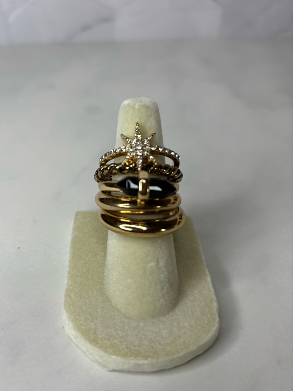 Gold and Black Stacking Ring Set with Starburst Accent